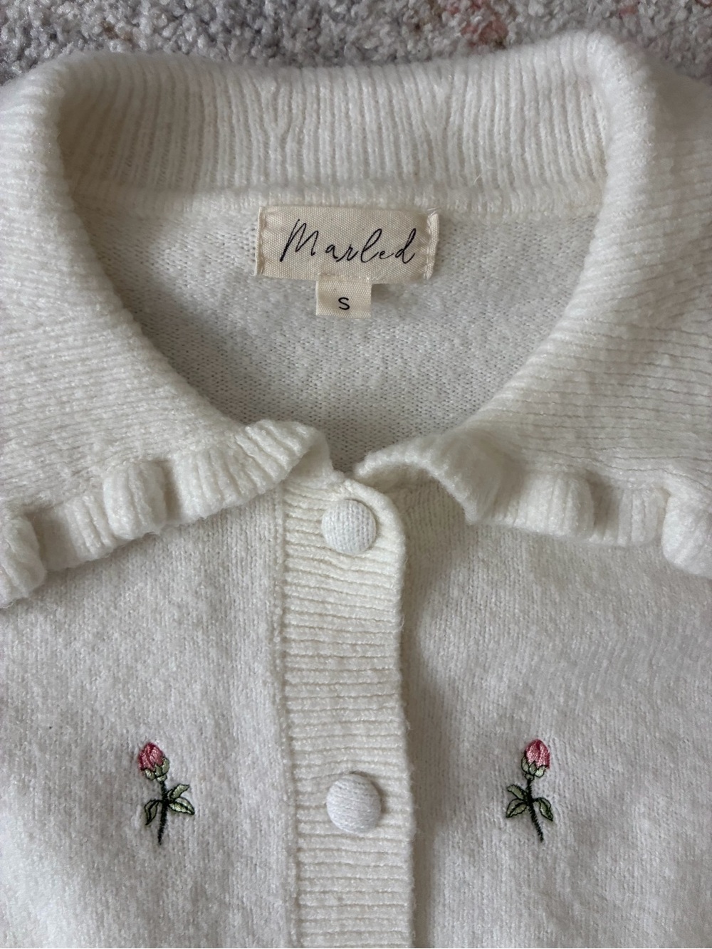 Marled Ruffle Collar Cardigan Sweater Floral Embroidered Coquette-EUC-Sz S - Picture 2 of 7